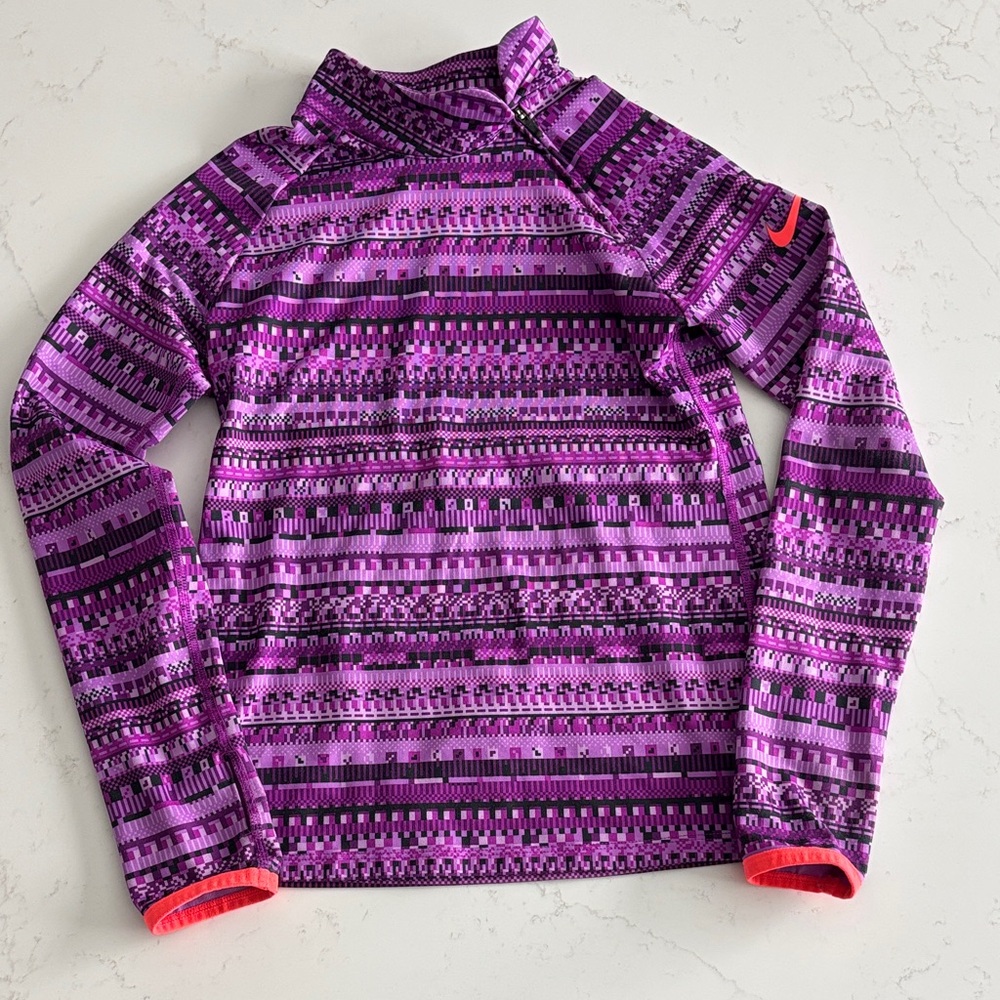 Nike Purple Geometric Long Sleeve Athletic Performance Dry Fit Top - Girls Small